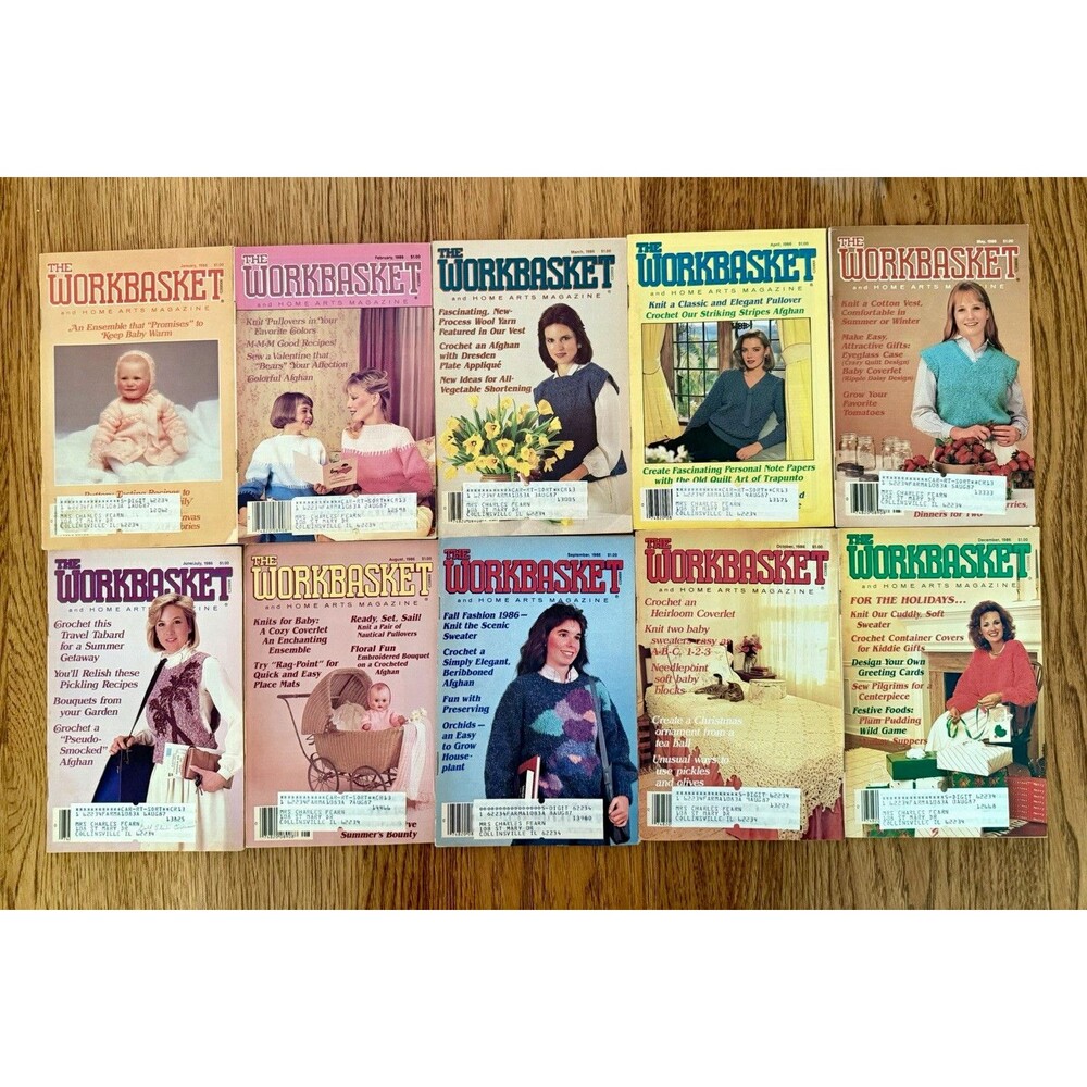 Workbasket Vintage Mixed Lot of 10 Magazines Crochet & Knitting Jan-Oct, Dec